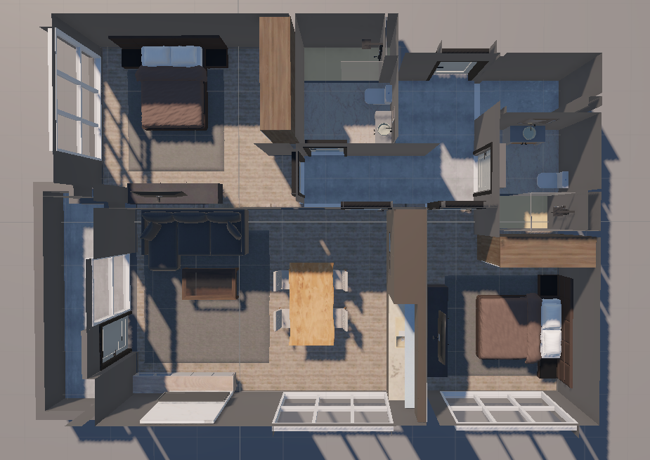 The same Sofia apartment as a furnished 3D render seen from above — wood floors, beds, sofa and kitchen, with daylight raking across the rooms